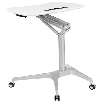 Unique Mobile Desk, Adjustable Design With Metal Base and Curved Top, White