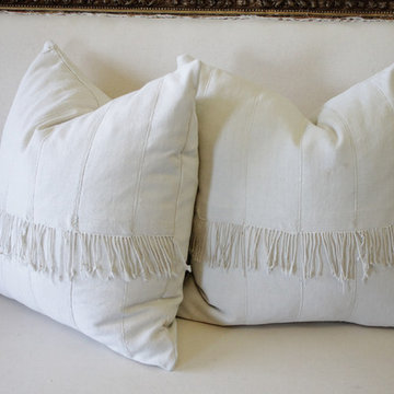 Pair of off White African Mudcloth Pillows with Original Fringe Accents