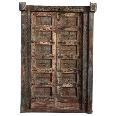 Consigned Antique Indian Door Rustic Teak Carved Garden Door with Frame 84