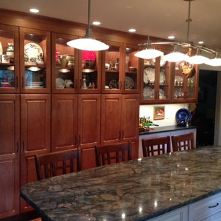 Large transitional kitchen pantry designs - Large transitional single-wall dark wood floor kitchen pantry photo in Richmond with an island, a farmhouse sink, raised-panel cabinets, medium tone wood cabinets, quartzite countertops and stainless steel appliances