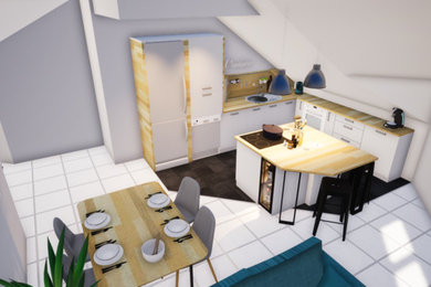 Réalisation d'une cuisine ouverte design en L de taille moyenne avec un évier 1 bac, un placard à porte plane, des portes de placard blanches, un plan de travail en stratifié, une crédence beige, une crédence en bois, un électroménager blanc, un sol en carrelage de céramique, îlot, un sol gris et un plan de travail beige.