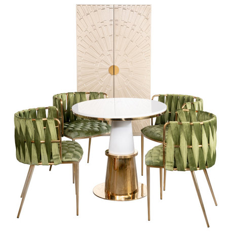 5-Piece Vanessa Dining Set, Gold/White Table, Green Chairs