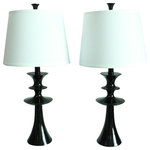 Urbanest - Set of 2 Netto Table Lamps, Black - This set of two lamps includes two lamp bases with a geometric design in black, two 7 1/2" harps, 2 black finials, and two 12" off-white cotton hardback lamp shades. The lampshades have a nickel spider fitter.