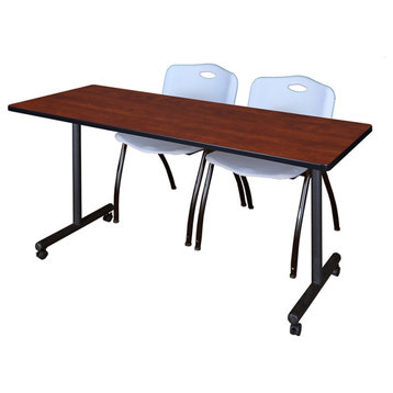 66" x 24" Kobe Mobile Training Table- Cherry & 2 'M' Stack Chairs- Grey