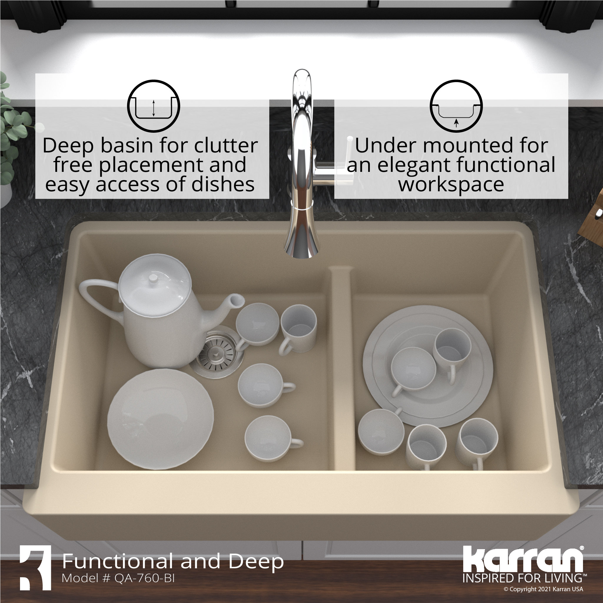 Karran Farmhouse Quartz 34" Double Offset Bowl Sink Kit, Bisque