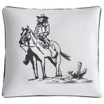Paseo Road by HiEnd Accents - Ranch Life Indoor/Outdoor Pillow, 20"x20", Cowgirl - Add a playful Western charm to your bed, sofa, or porch with our Ranch Life Indoor/Outdoor Pillow. In a versatile black-and-white colorway, this pillow depicts a cowgirl on horseback treading through a desert or a bucking bronc rider in the center. Black piped edges finish the look for a refined touch. Complement with our Ranch Life Quilt Set and coordinating pillows to complete a stylish and modern Western or Southwestern ensemble.