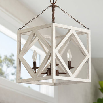 4 - Light Lantern chandelier With Wood Accents, White