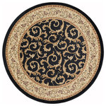Tayse Rugs - Westminster Transitional Oriental Black Round Area Rug, 5' Round - Scrollwork interior with floral border makes this rug a perfect companion to traditional or transitional decor. In classic colors that are always in fashion. Black with ivory and gold. Made of soft polypropylene that is easy to clean. Vacuum and spot clean.