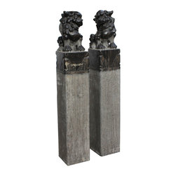 Chinese Pair Black Gray Stone Fengshui Foo Dogs Tall Slim Pole Statues - Garden Statues And Yard Art
