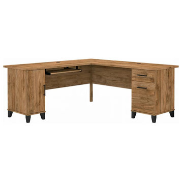 L-Shaped Desk, Keyboard Tray & Cabinet/Drawers With Metal Pulls, Fresh Walnut
