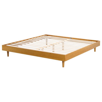 Midcentury Platform Bed, Sturdy Wood Frame With Slat Support, Rustic Oak/Queen