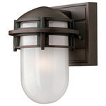 Hinkley - Reef 1-Light Outdoor Light In Victorian Bronze - Reef's contemporary nautical shape features a sleek capsule of inside etched glass captured by bold rings of cast aluminum.  This light requires 1 , 60W Watt Bulbs (Not Included) UL Certified.