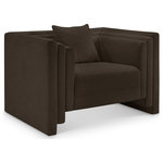 Meridian Furniture - Everett Upholstered Chair, Brown, Chenille Fabric - Make this Everett brown chenille fabric chair the center of a cozy reading nook. Handsome from every angle, this posh chair is plumply appointed to put supreme comfort within easy reach. Soft brown chenille upholstery fabric adds to its lavish feel while a staggered design gives it a modern edge. An included pillow gives it a beckoning vibe while the chair's solid wood inner frame makes it a lasting addition in any room.