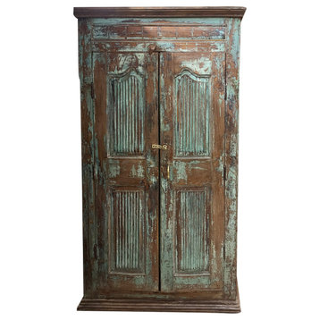 Consigned Shabby Chic Carved Armoire, Accent Antique Blue Armoire