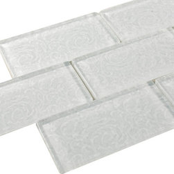 White with Flower Pattern Glossy Subway Glass Mosaic Tiles - Home Accessories & Decor