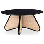 Meridian Furniture - Butterfly Coffee Table, Black - Bring impressive style and impeccable beauty to your living room or family room with this Butterfly coffee table. This handsome table is part work of art, part functional addition to your room. An expansive round oak veneer top gives you room for resting a drink or book or setting up your Scrabble board on family game night. Construction with rubberwood and wood products gives this Butterfly table a resilient design, while its natural cane bottom adds a striking visual and instantly draws the eye.