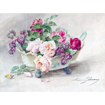 Tile Mural, Watercolor Flowers Roses Vase Ceramic Matte