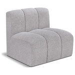 Meridian Furniture - Arc Upholstered Modular Component, Gray, 1-Piece: Straight Chair, Boucle Fabric - Give your living room or den the perfect blend of style and versatility with this Arc boucle fabric curved straight chair. Part of the Arc modular furniture collection, this sofa comes upholstered in rich grey boucle fabric and features deep channel tufting that adds a touch of luxury while enhancing comfort and support. A seamless combination of form and function, this chair can be used with other Arc pieces to create a myriad of configurations in your well-curated room.