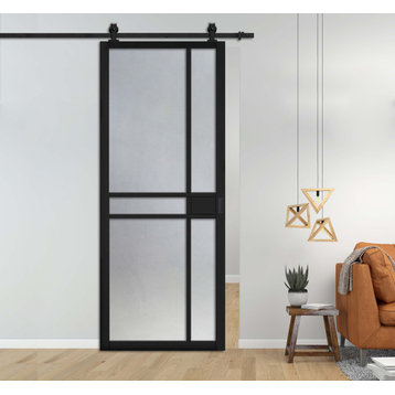 Loft Style Sliding Door With Glass Panels V1000, 48"x84", Frosted Glass, Black Painted (Finish)