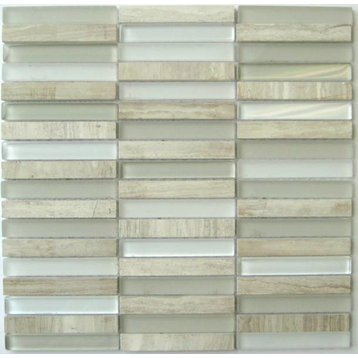 Polished Stone With Frosted and Clear Glass Mosaic Tiles, Wooden Gray, 12"x12"