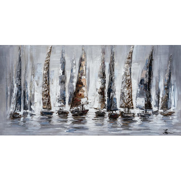 "Gray Sail Boats" Hand Painted Canvas Art, 55"x27.5" - Wrapped Canvas Painting