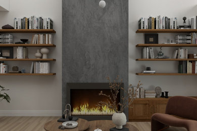 Inspiration for a small contemporary loft-style medium tone wood floor and beige floor living room remodel in Philadelphia with gray walls, a standard fireplace, a concrete fireplace and a wall-mounted tv