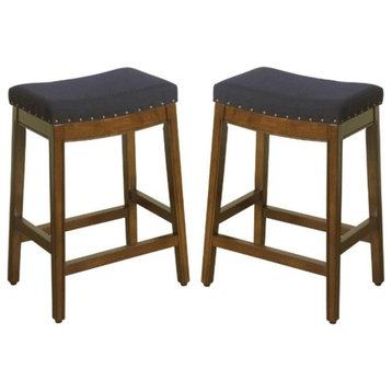 Home Square Blake 24" Wood and Fabric Backless Counter Stool in Blue - Set of 2