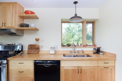 Kitchen - contemporary kitchen idea in Burlington with an undermount sink, flat-panel cabinets, light wood cabinets, wood countertops, wood backsplash and stainless steel appliances