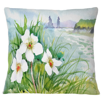 Blooming Flowers on Summer River Landscape Printed Throw Pillow, 16"x16"