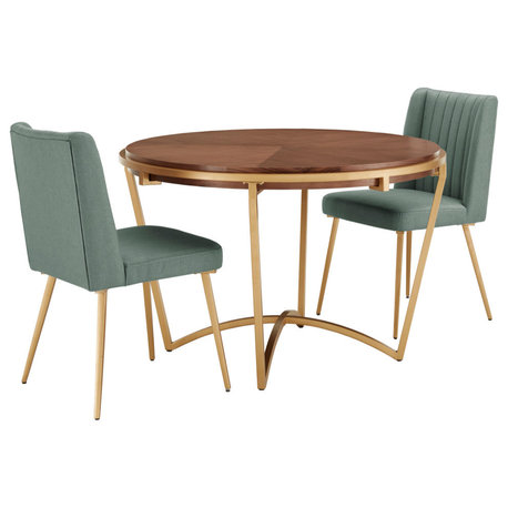 Shelley Natural Wood and Gold Metal Dining Set, Aqua Green, 3 Piece Set