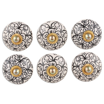 Novica Handmade Intricate Blossoms Ceramic Knobs (Set Of 6)