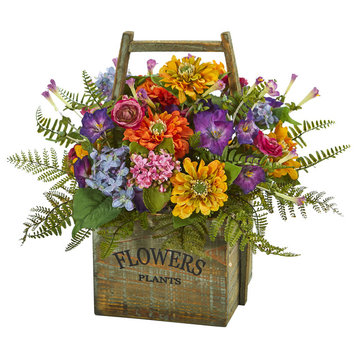 Mixed Floral Artificial Arrangement, Wood Basket