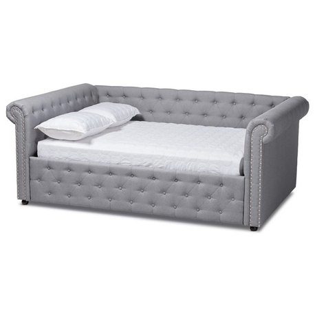 Baxton Studio Mabelle Mid-Century Tufted Fabric and Wood Queen Daybed in Gray