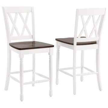 Pemberly Row 24" Wood Counter Stool in Distressed White/Rich Cherry (Set of 2)