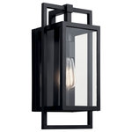 Kichler - Goson 16" Outdoor Light in Black - The Gosonâ„¢ 16" 1 light wall light honors the simplicity of luxe industrial-style lighting. Its Black geometric design takes its cues from old factory windows. Paired with Clear Glass, it produces a fixture that&#39;s handsome and refined.  This light requires 1 , 100.0 W Watt Bulbs (Not Included) UL Certified.
