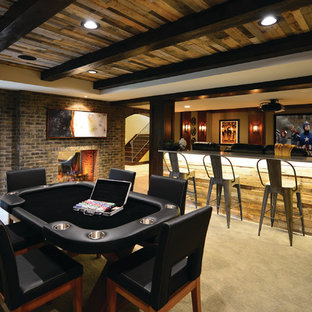 Photo of an expansive contemporary basement in Detroit with carpet, a two-sided fireplace, a brick fireplace surround, grey floors and brown walls.