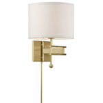Crystorama - Marshall 1 Light Aged Brass Wall Mount - The functional and stylish Marshall task light is versatile enough to fit into any interior. Stylish, modern and minimal, the fixture features a large white silk drum shade on a stately frame producing a soft diffused light that adds warmth to any space. The side to side Swing arm provides focused light and is powered by a dimmable switch to adjust brightness and can be hardwired or plugged into your outlet and. This fixture is both transitional and contemporary, allowing its design to be incorporated easily into any home decor.