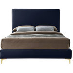 Meridian Furniture - Geri Velvet Upholstered Bed, Navy, Full - Provide yourself with a few options when you choose the sleek Geri navy velvet full size bed. The headboard, side rails and footboard are all cushioned and upholstered, with snazzy decorative piping on the headboard and footboard. This bed comes with two different sets of legs so you can match your other decor. Use the gold ones, the chrome ones, or two of each color for a truly contemporary approach.