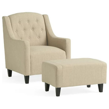 Traditional Accent Chair, Ottoman, Polyester Seat With Sloped Arms, Light Beige