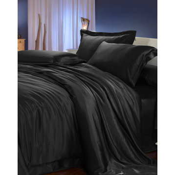 22MM 4PCS Mulberry Silk Bedding Set, Black, Full