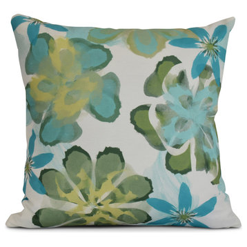 16x16" Floral Outdoor Pillow, Blue And Green