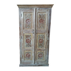 Consigned Antique Floral Carved Rustic Armoire Teak Wood Hand Caved Cabinet