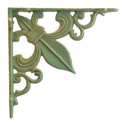 Import Wholesales - Wall Shelf Bracket Cast Iron Brace, Fleur De Lis, Bronze Patina Green, 7.375" - Brackets