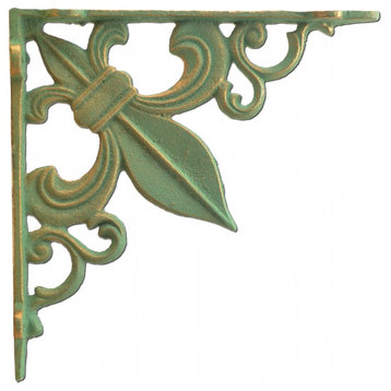 Wall Shelf Bracket Cast Iron Brace, Fleur De Lis, Bronze Patina Green, 7.375"