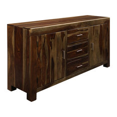 2-Door 3-Drawer Credenza Made of Solid Sheesham Wood in a Light Stain Finish