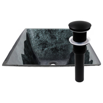Novatto Corvo Black & Silver Hand-Foiled Square Glass Vessel Bath Sink and Drain, Matte Black