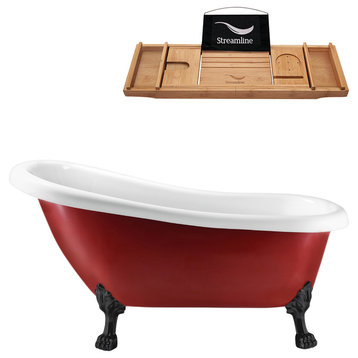61" Red Clawfoot Tub and Tray, Black Feet, Chrome Internal Drain