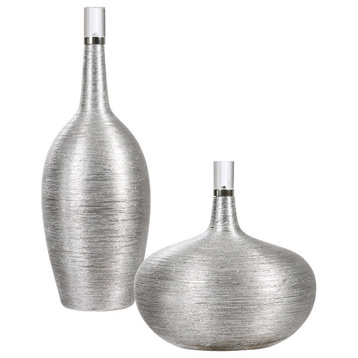 Minimalist Spun Silver Ceramic Bottle Round Ribbed Metallic Fat, 2-Piece Set