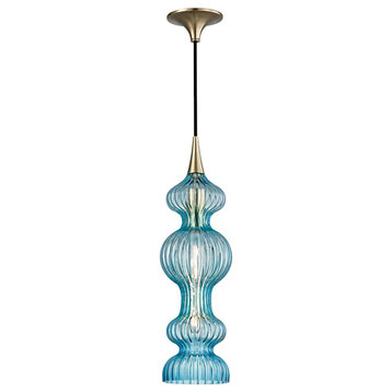 Pomfret 1 Light Pendant With Blue Glass in Aged Brass with Blue Glass
