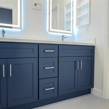 Modern Navy Blue Bathroom Vanity with LED Backlit Mirrors